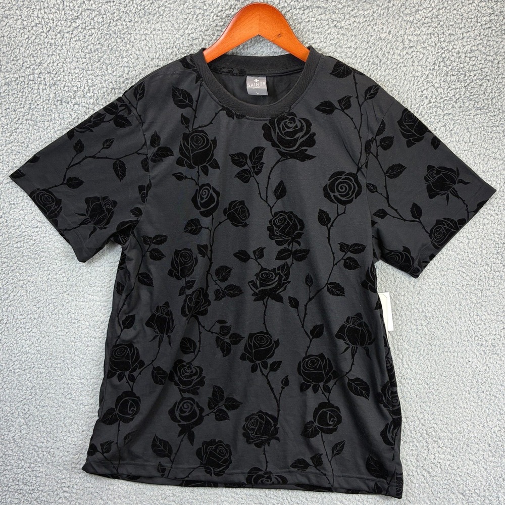 Saints Studio Floral Flocked T-Shirt Mens L Black Velvet Rose Streetwear NWT